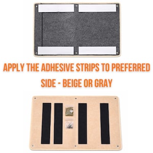 May include: Two rectangular panels, one beige and one gray, with adhesive strips. The beige panel has three black strips and small bags of hardware. The text reads: APPLY THE ADHESIVE STRIPS TO PREFERRED SIDE - BEIGE OR GRAY.