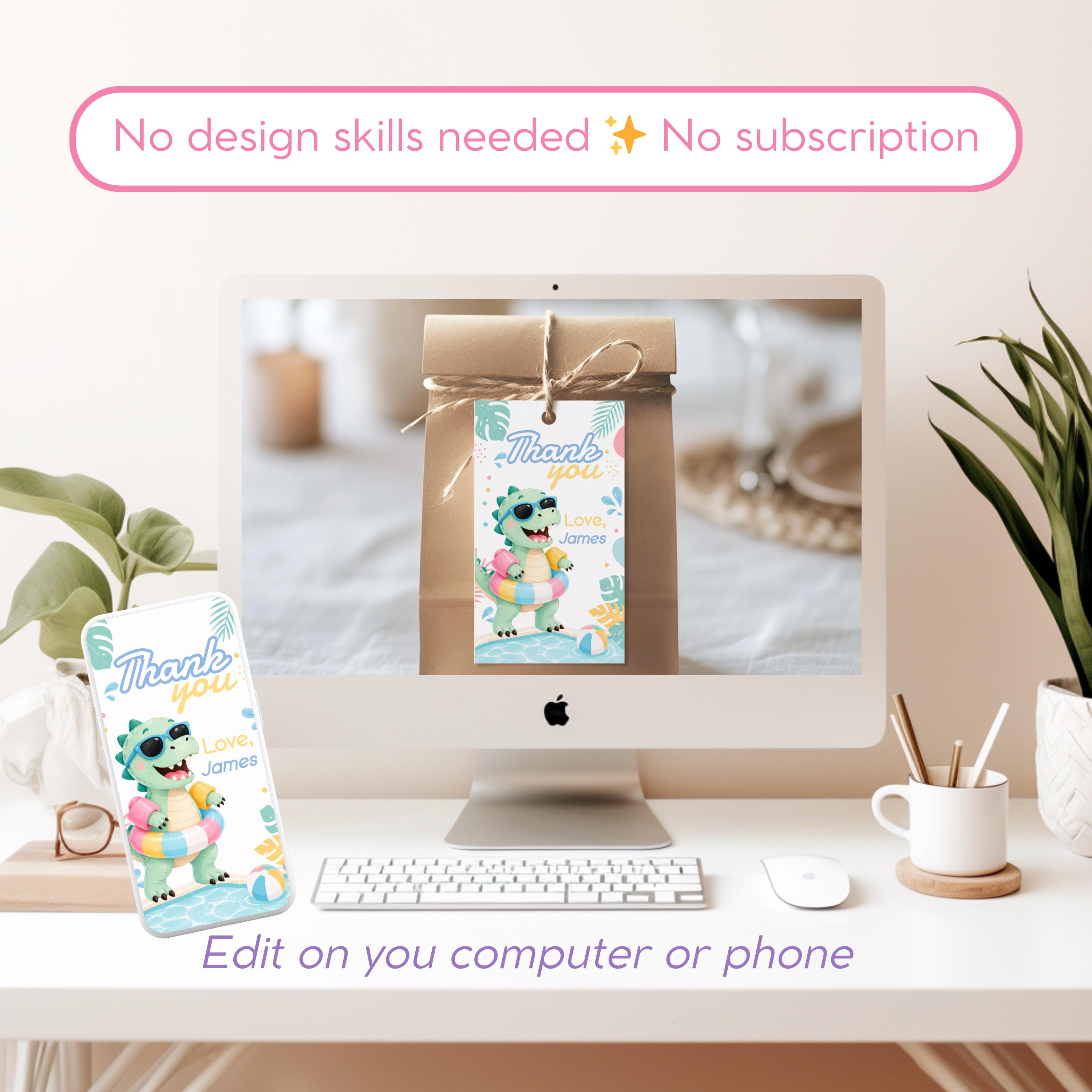 Editable Dino Pool Party Thank You Tag, Two Rex Label Template, Splish ...