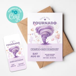 fournado invitation, four year old invite, fournado birthday for girl, editable template for corjl, printable tornado warning party