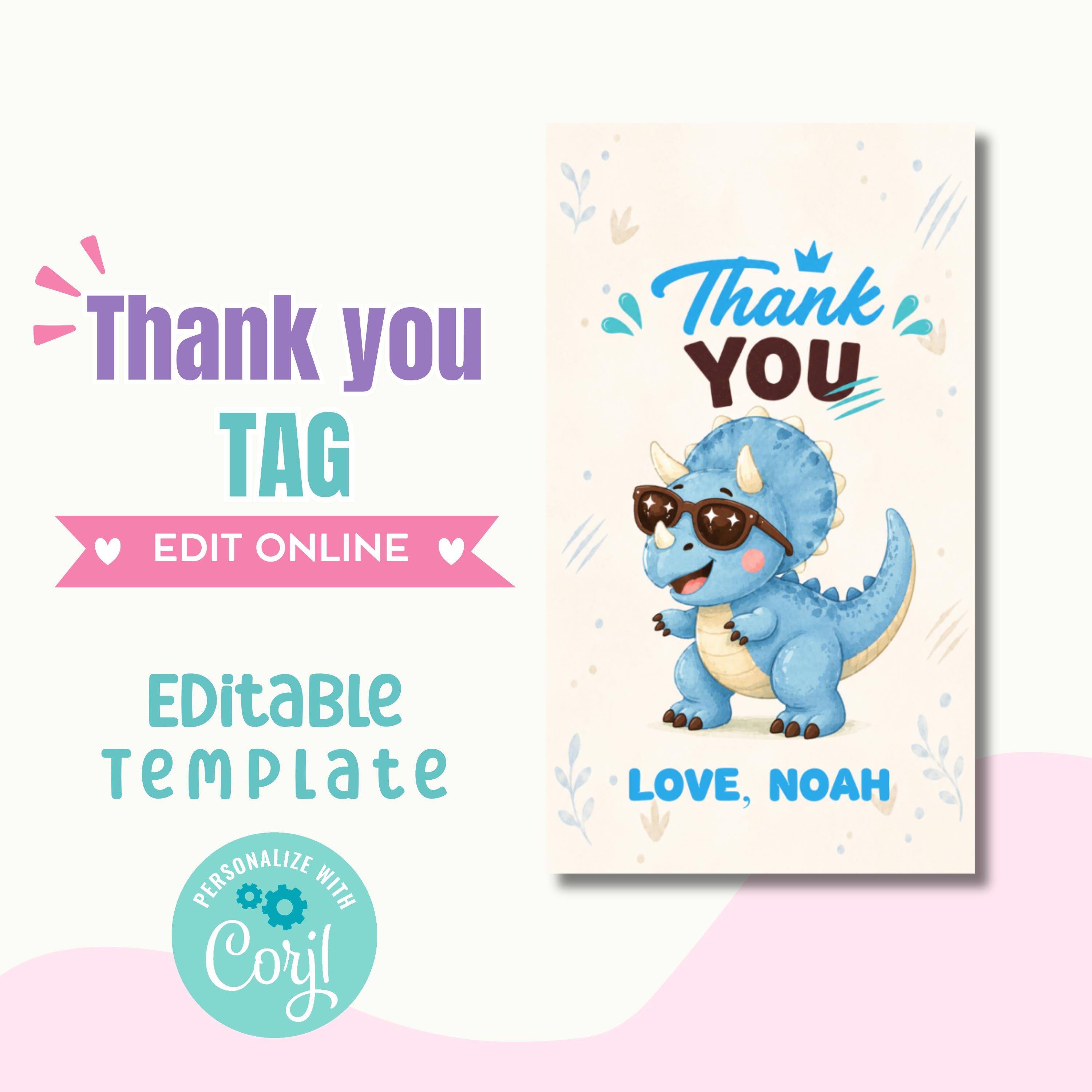 Triceratops Birthday Thank You Tag Editable, Stomp Chomp and Chew ...