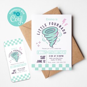 May include: A birthday invitation featuring a teal and pink cartoon tornado. The invitation states "Emma's 4th Birthday" with event details. A matching phone screen shows the same design. A brown envelope is behind the invitation.