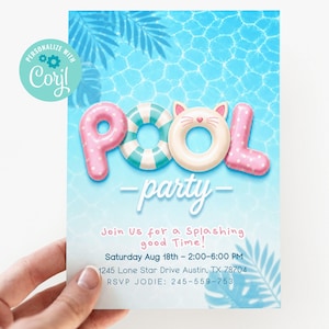 kitty Pool Party Invitation for girl, Editable Cat splish splash Invite for kids Birthday, Summer Bday Template, Pool Float Letters Corjl