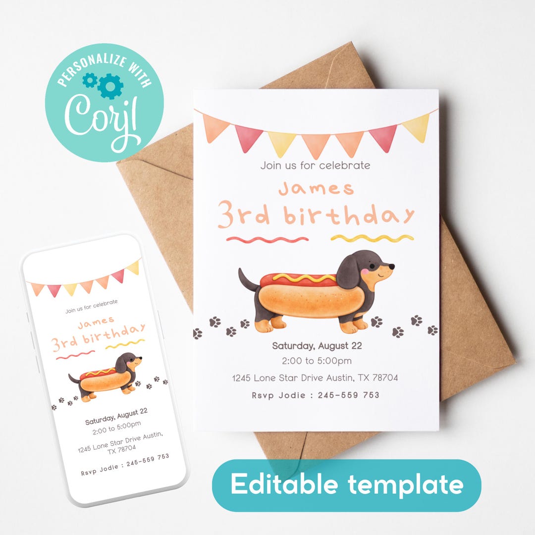 Dachshund Three Year Old Birthday Invite Template Editable, Watercolor ...