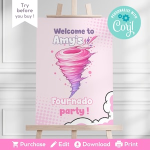 Könnte beinhalten: Ein rosa Party-Schild auf einer Holzstaffelei. Auf dem Schild steht "Welcome to Amy's" mit einer rosa und lila Tornado-Grafik. Darunter steht "Fournado party!" und der Text "Try before you buy!"