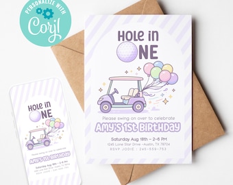 Golf first birthday Invitation template editable, hole in one birthday party, printable digital invite for kids, 1st birthday, one year old