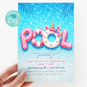 Könnte beinhalten: Eine rechteckige Einladungskarte mit einem blauen Poolwasser-Hintergrund und Palmenblattschatten. Der Text lautet pool party, Join Us for a Splashing Good Time, Saturday Aug 18th, 2:00-6:00 PM, 1245 Lone Star Drive Austin, TX 78704, RSVP JODIE: 245-559-753.