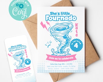 fournado invitation printable, four year old invite, tornado birthday party, editable template for corjl, 4th anniversary, twonado birthday