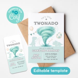 May include: A light blue birthday invitation featuring a watercolour illustration of a tornado. The invitation reads "he's little TWONADO" and includes details for a second birthday party. A smartphone displays the same design. The words "Editable template" are at the bottom.