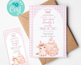 Three year old birthday invite, three i e i o  template editable for girl party,  pink girl farm animals invitation, barnyard  themed