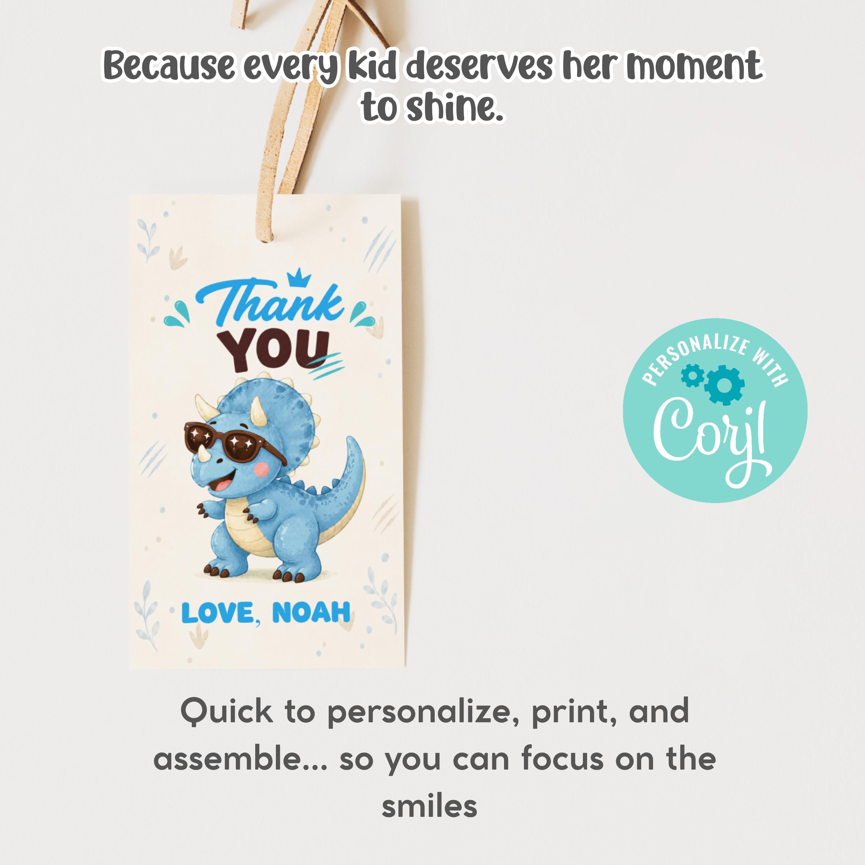 Triceratops Birthday Thank You Tag Editable, Stomp Chomp and Chew ...