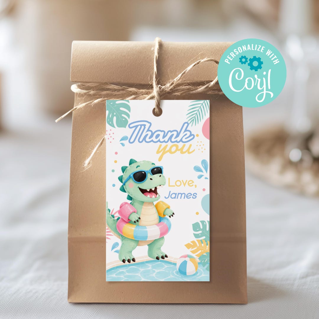 Editable Dino Pool Party Thank You Tag, Two Rex Label Template, Splish ...