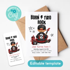 Born Two Rock 2nd Birthday Invitation Boy Red Punk Rockstar Editable Template Corjl Digital Download Two Year Old Birthday Party Invite