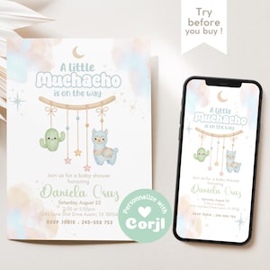 May include: A baby shower invitation with a watercolor design. The invitation features the text "A Little Muchacho is on the way" with illustrations of a cactus, llama, and stars. The invitation is displayed on a phone screen and a printed card.