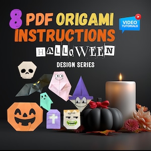 May include: A dark background with the text "8 PDF Origami Instructions Halloween Design Series" and origami Halloween figures. Includes a pumpkin, bat, ghost, witch, skull, and Frankenstein's monster. A lit candle and a black pumpkin are also present.