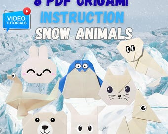 May include: An image showcasing eight origami snow animals, including a rabbit, penguin, cat, bear, and others. The image includes the text "8 PDF Origami Instruction Snow Animals" and a video tutorial icon.