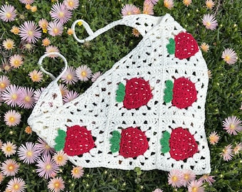 PATRÓN DE GANCHILLO Bandana de Fresa, Pañuelo Cuadrado de Abuela, Pañuelo Boho