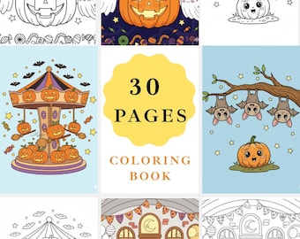 May include: A Halloween-themed coloring book with 30 pages. The cover features a smiling pumpkin, ghosts, and a witch's hat. Other illustrations include bats, a carousel, and a haunted house. The text reads "The Little Pumpkin's Halloween Adventure".