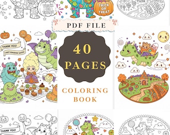 May include: A digital coloring book titled "Candy Monster's Sweet Adventure" with 40 pages. The cover features a colorful monster holding candy and a pumpkin bag. Other illustrations include dragons, castles, and sweets. The words "PDF FILE" and "COLORING BOOK" are also visible.