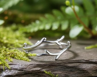 Minimalist Branch Ring - S925 Stainless Steel Twig-Inspired Open Band, Organic Adjustable Stacking Ring for Women