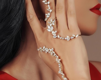 Rhinestone Hand Chain Bracelet | Bridal Leaf Ring Jewelry