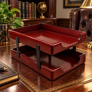 Vintage Eldon Cherry Wood 2 Tier Stackable Desk Letter Tray Organizer Brown