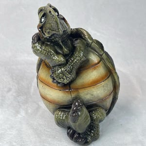 May include: A sculpted turtle figurine featuring a textured, dark green head and limbs with a glossy finish. The shell is rounded and segmented, displaying a gradient of light tan to deep brown tones. The turtle is posed in a seated, upright position.