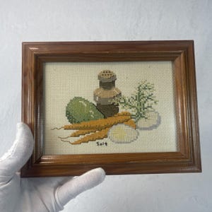 May include: Framed cross-stitch artwork featuring a still life of food items. The image includes a salt shaker, a green lime, carrots, a sliced egg, and herbs. The word "Salt" is stitched below the food items. The frame is made of dark brown wood.