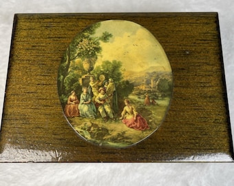 VTG Wood Trinket Jewelry Box Decoupage Victorian Country Scene 5.75"