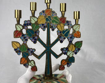 VTG 1971 Terra Sancta Guild Israel Brass Enamel Grapevine 5 Candle Menorah