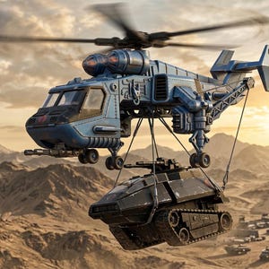 Pu&ograve; includere: Un elicottero militare blu e grigio trasporta un carro armato nero su un paesaggio desertico. L'elicottero ha un design meccanico complesso con rotori e armamenti visibili. Il carro armato &egrave; sospeso tramite cavi.