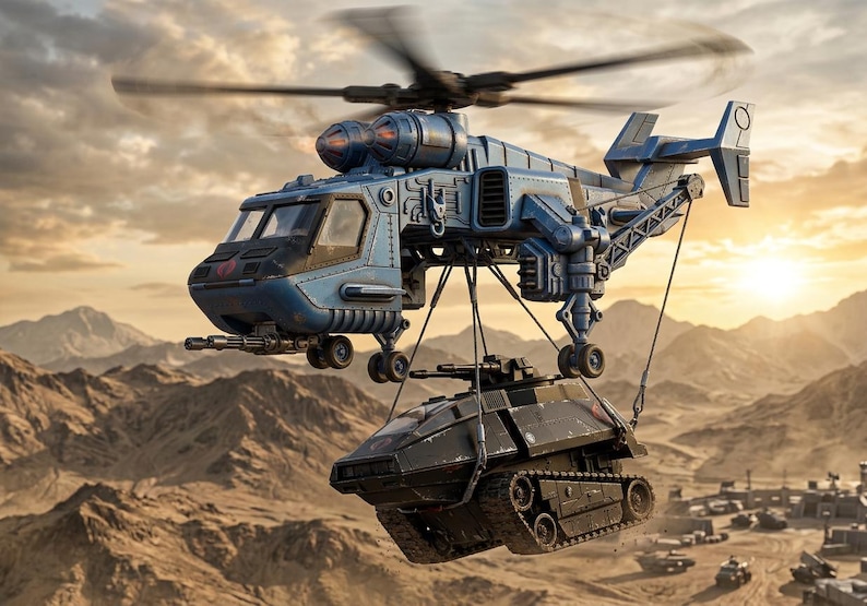 Pu&ograve; includere: Un elicottero militare blu e grigio trasporta un carro armato nero su un paesaggio desertico. L'elicottero ha un design meccanico complesso con rotori e armamenti visibili. Il carro armato &egrave; sospeso tramite cavi.