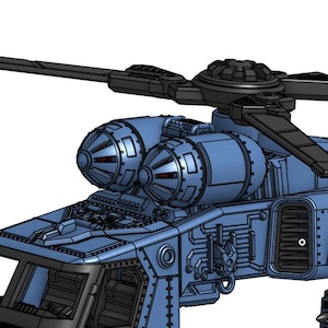 Pu&ograve; includere: Rendering 3D dettagliato di un elicottero futuristico. L'aereo presenta una combinazione di colori blu e nero, con intricati dettagli meccanici sulla fusoliera, sui motori e sulle pale del rotore. Il design suggerisce un tema fantascientifico o militare.