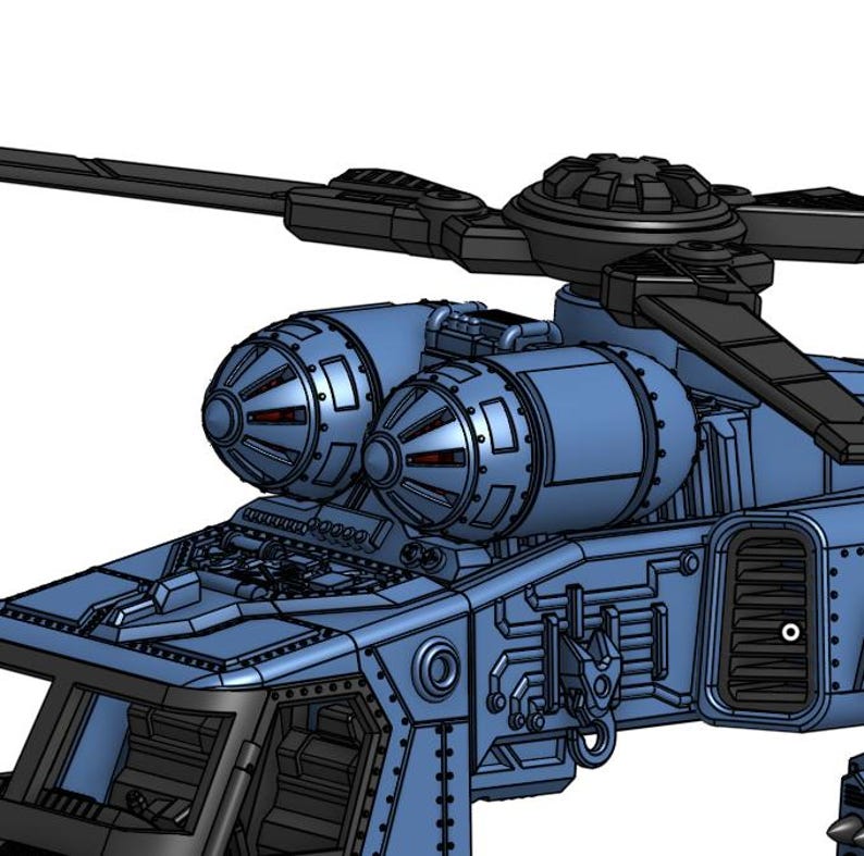 Pu&ograve; includere: Rendering 3D dettagliato di un elicottero futuristico. L'aereo presenta una combinazione di colori blu e nero, con intricati dettagli meccanici sulla fusoliera, sui motori e sulle pale del rotore. Il design suggerisce un tema fantascientifico o militare.