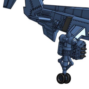 Pu&ograve; includere: Modello blu dettagliato di un aereo, con componenti meccanici complessi. Il carrello di atterraggio &egrave; visibile, con due ruote. Il design include rivetti e pannelli.
