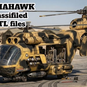 Puede incluir: Modelo detallado de un helicóptero Tomahawk con un patrón de camuflaje. El texto "TOMAHAWK Classified .STL files" se muestra en la parte superior. El helicóptero es amarillo y marrón, con puertas abiertas que revelan los asientos interiores. Un vehículo militar está en el fondo.