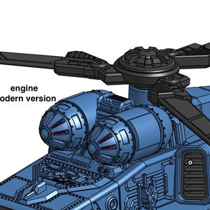 Pu&ograve; includere: Un modello dettagliato di elicottero blu con pale del rotore nere. L'immagine mostra il motore e il testo "engine modern version". L'elicottero ha un design complesso con dettagli meccanici visibili.