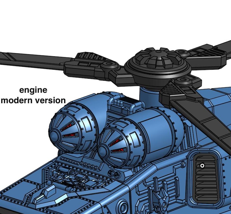 Pu&ograve; includere: Un modello dettagliato di elicottero blu con pale del rotore nere. L'immagine mostra il motore e il testo "engine modern version". L'elicottero ha un design complesso con dettagli meccanici visibili.