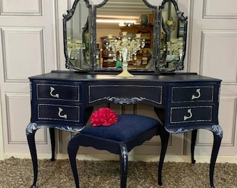 Blue Vintage Vanity Desk with Tri Fold Mirror, French Style Makeup Table with 5 Drawers, Antique Luxury Dressing Table with Stool
