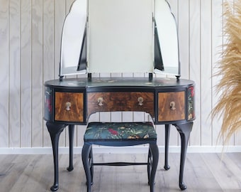 Vintage Vanity Desk with Triple Mirror, Hand Painted French Dressing Table, Black and Wood Makeup Vanity, Elegant Floral Vanity Set
