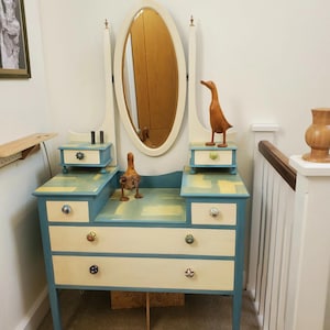 Vintage Painted Vanity Table with Mirror, Rustic Dressing Table, Blue and Cream Makeup Desk, Cottage Style Vanity with Drawers