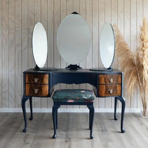 Vintage Vanity Desk with Triple Mirror, French Style Makeup Table, Black and Wood Dressing Table with Drawers, Elegant Bedroom Vanity Set