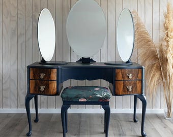 Vintage Vanity Desk with Triple Mirror, French Style Makeup Table, Black and Wood Dressing Table with Drawers, Elegant Bedroom Vanity Set
