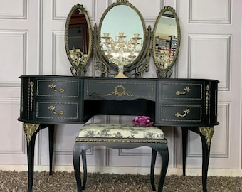 Vintage French Vanity Table with Triple Mirror, Black and Gold Dressing Table, Antique Style Makeup Vanity with Stool
