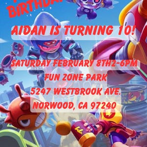 May include: A colorful birthday party invitation with the text "Happy Birthday" and "Aidan is turning 10!" The invitation includes the date, time, and location: Fun Zone Park, 5247 Westbrook Ave., Norwood, CA 97240. RSVP (848)273-9634.