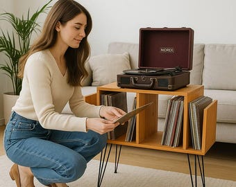 Soporte para tocadiscos de madera hecho a mano: mueble de almacenamiento de vinilos de mediados de siglo