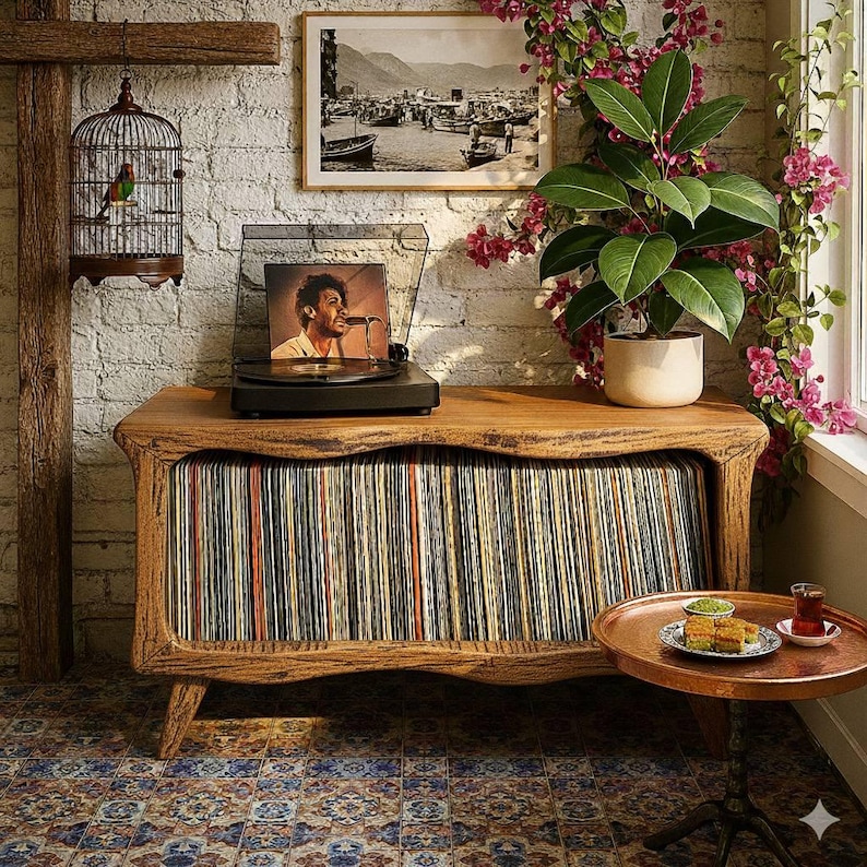 Handmade Hackberry Wood Record Player Stand – Mid-Century Vinyl Storage