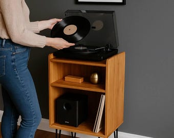 Handmade Mid Century Modern Record Player Stand – Vinyl Storage Cabinet