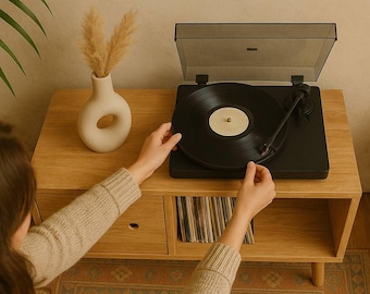 Mid Century Modern Solid Wood Record Player Stand - Vinyl Storage Cabinet