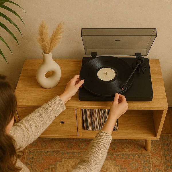 Mueble para tocadiscos de madera maciza de estilo moderno de mediados de siglo - Mueble para guardar vinilos