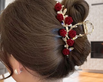 Flocking Rose Tassel Hair Claw Clip – Pink & Red Floral Accessory